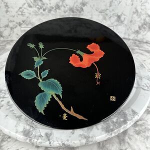 Vintage Japanese Wood Lacquer Round Wall Plate Art Okinawa Kakuman Hibiscus